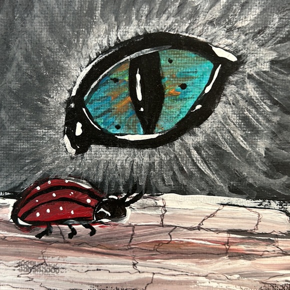painting Cat eye 6x8 on board multi color whimsical ladybug - Picture 2 of 4